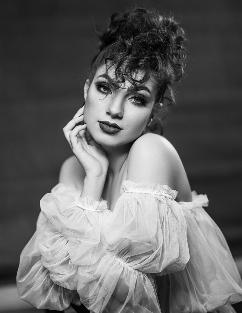 grayscale photo of woman in white dress